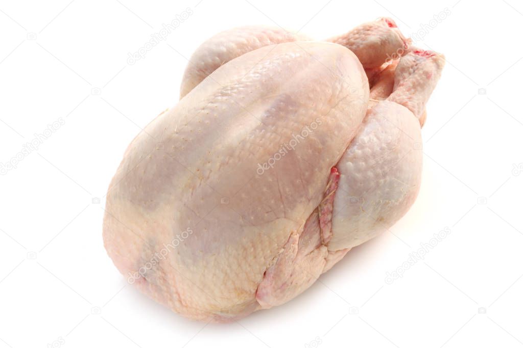close-up shot of Whole Raw Chicken Isolated On White