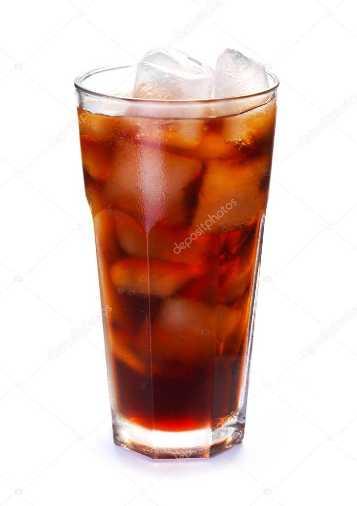 close-up shot of Glass Of Cola with ice Isolated On White