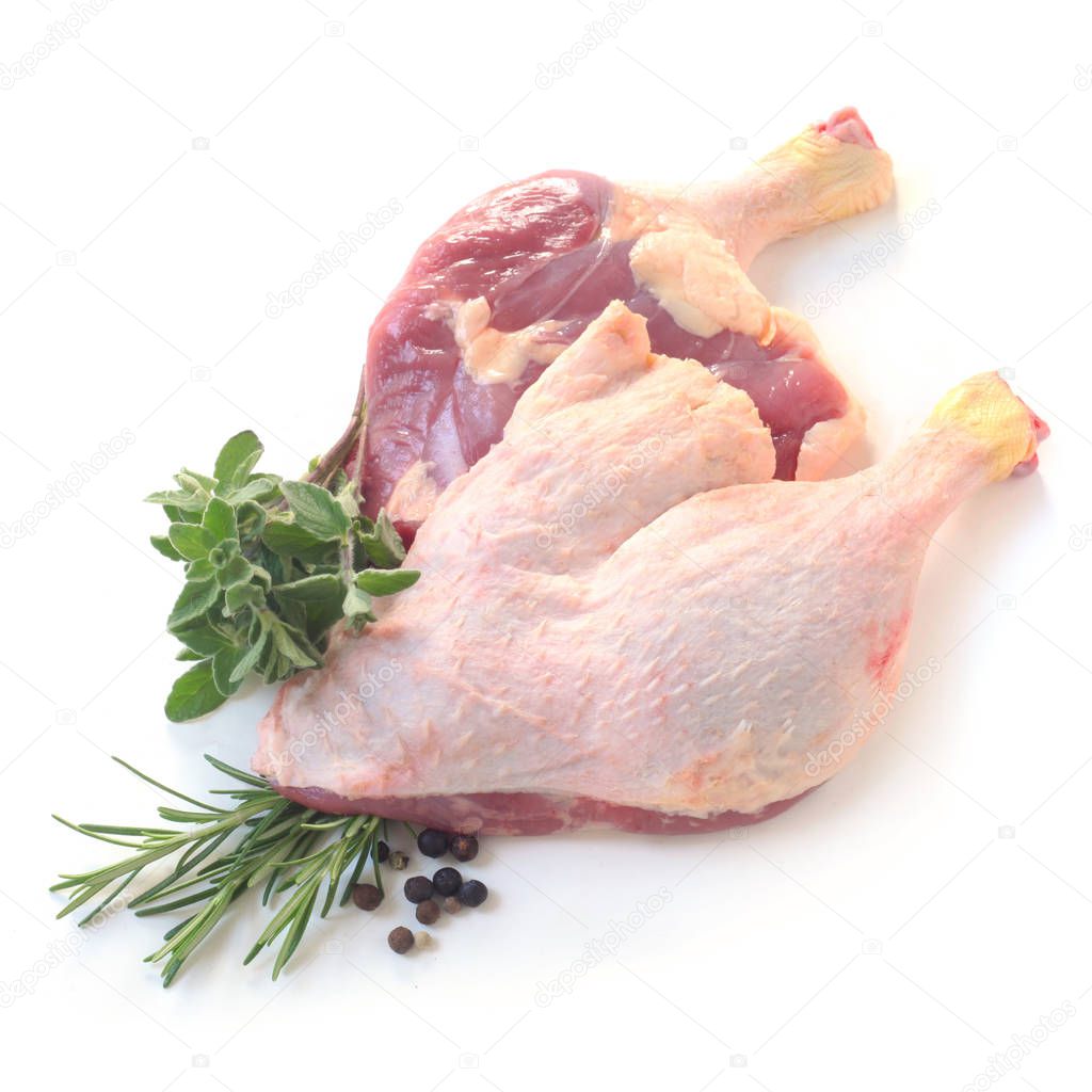 close-up shot of Raw Legs Of Duck Isolated On White