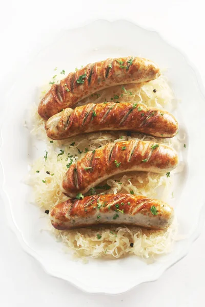 Närbild Bild Bratwursts Vit Bakgrund — Stockfoto