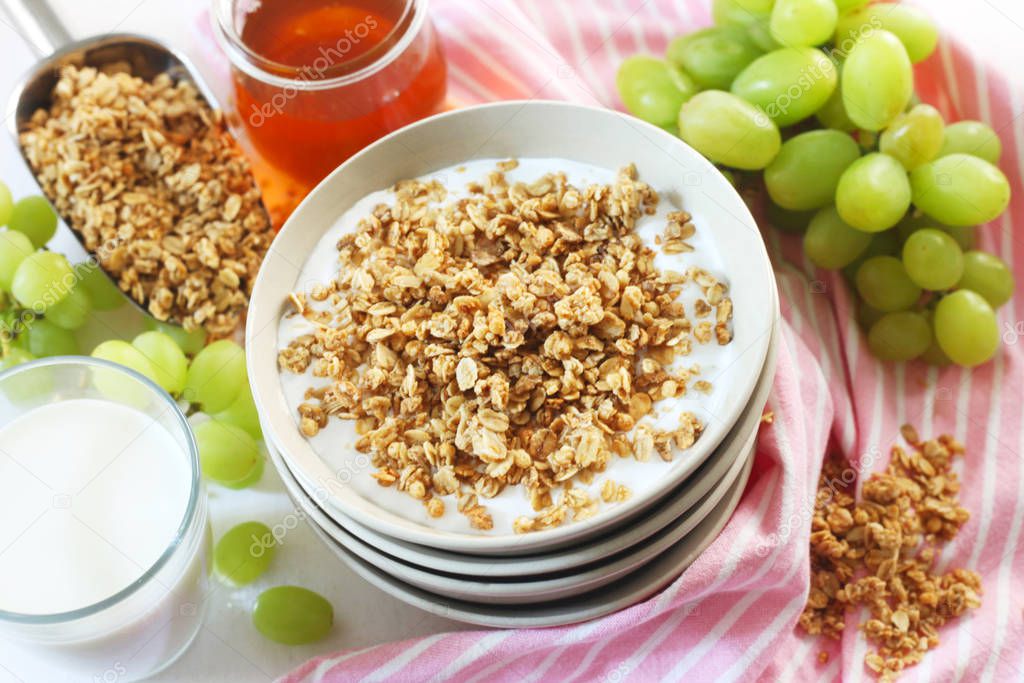 close-up shot of healthy breakfast with muesli and nuts