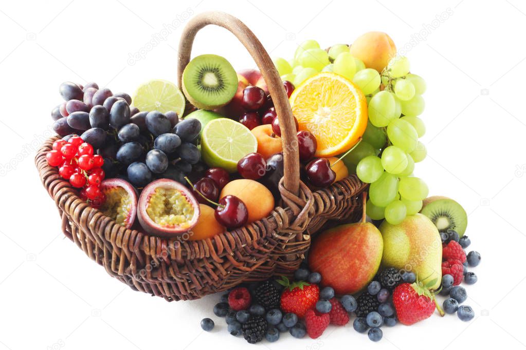close-up shot of basket of fruits on white background