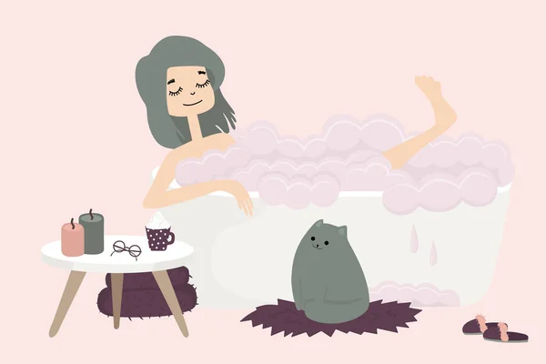 Молодая женщина с котом принимает ванну. Отдых в уютном доме. Девушка в ванной. Векторная иллюстрация . — стоковый вектор