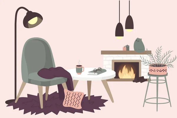 Interior design scandinavo. Accogliente concetto di decorazione della stanza alla moda. Illustrazione vettoriale piatto isolato — Vettoriale Stock