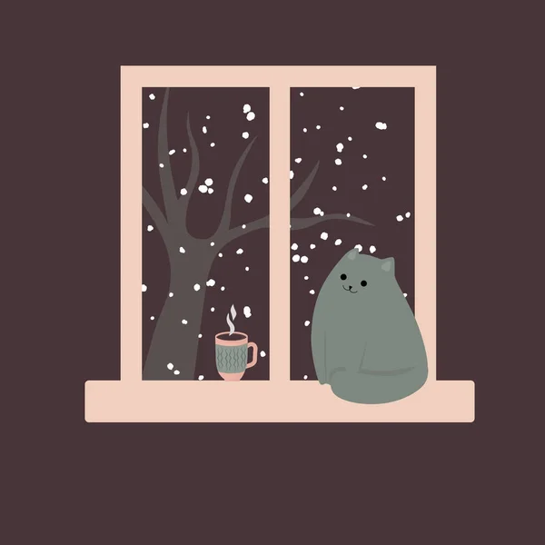 Lindo gato junto a la ventana y café caliente té cacao. Acogedor invierno. Ilustración en estilo de dibujos animados . — Vector de stock