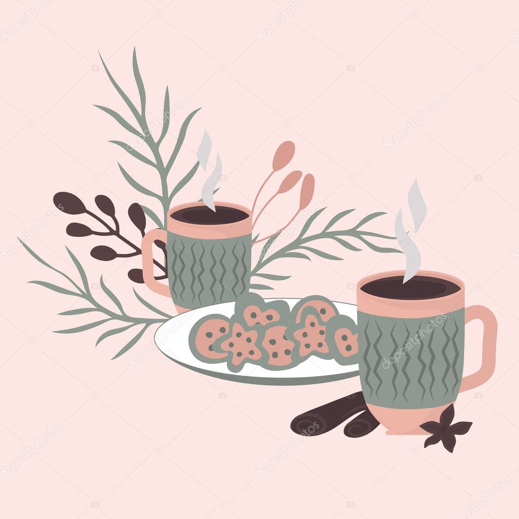 Winter mood still life of cute things interior. Cozy hygge vector pre-made compositions in Scandinavian style. Ideal for social media, posters, cards. 