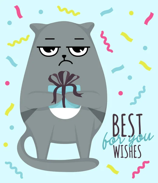 Grumpy Cat Charakter Party Zeit Glückwunsch lustige Postkarten mit Slogans Schriftzug. Cartoon flachen Stil ideal für Karten Poster, Social Media. — Stockvektor