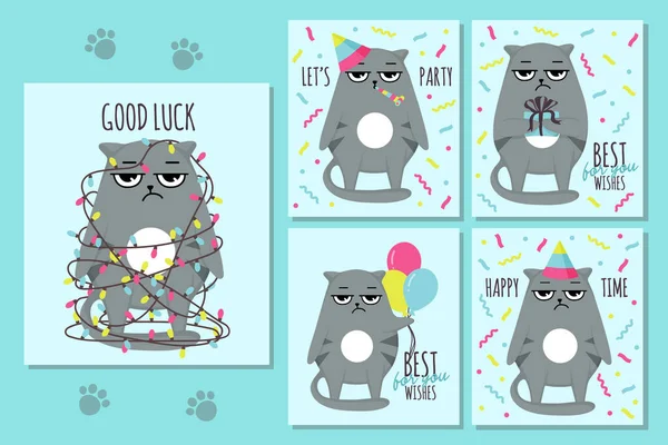 Grumpy cat character party time congratulatory funny postcards with slogans lettering. Cartoon flat style  ideal for cards posters, social media. — 스톡 벡터