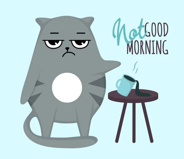 Grumpy Cat Charakter klopfen über eine Tasse Kaffee lustige Postkarte mit Slogans Schriftzug. Cartoon flachen Stil ideal für Karten Poster, Social Media. — Stockvektor