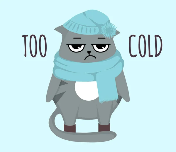 Grumpy Cat Charakter Winter Postkarte mit Slogans Schriftzug. Cartoon flachen Stil ideal für Karten Poster, Social Media. — Stockvektor