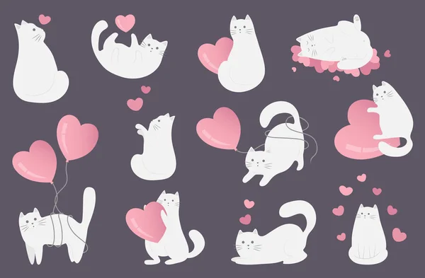 Cats white cute character with hearts compositions romantic love valentine day. — Wektor stockowy