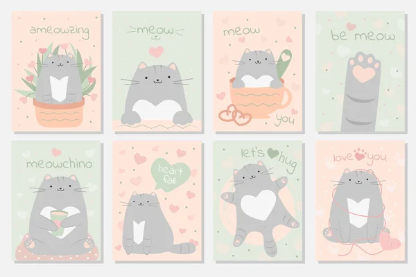 Set kaarten met katten schattige personages romantische valentijnskatten. Posters in pastelkleur met belettering — Stockvector