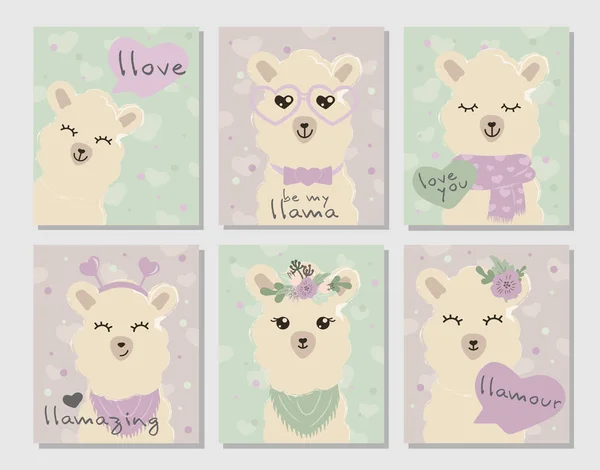 Vector set cards love valentine day cute llama  alpaca with slogans character in pastel color. — Vector de stock