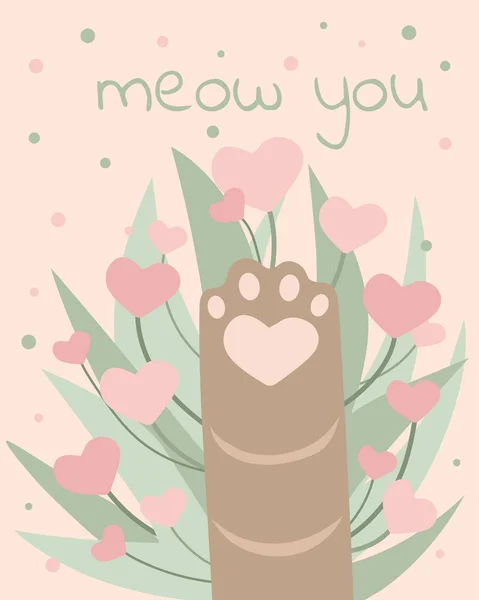 Γάτα πόδι σε λουλούδια καρδιές χαριτωμένο κάρτα σχεδιασμού ή αφίσα ivitation p — Διανυσματικό Αρχείο