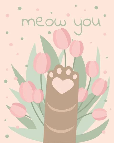 Cat paw in flowers cute design card or poster ivitation pastel c — Stock vektor