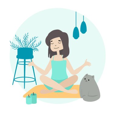 Kız evde sabah yogası yapıyor. Kız nilüfer çiçeği pozunda oturuyor. Sağlık; sağlık hizmetleri. Yaşam tarzı. Günlük rutin aktiviteler. Vektör düzlüğü. Kediyle hayat