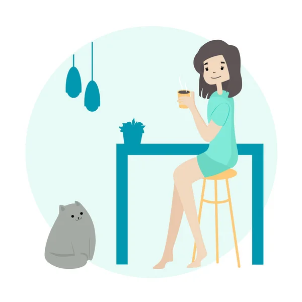 Flickan Dricker Kaffe Hemma Morgonen Dagliga Rutinaktiviteter Livet Med Katt — Stock vektor