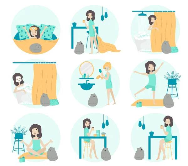 Routine Matin Ensemble Vectoriel Avec Personnage Fille Chat Dormir Laver — Image vectorielle