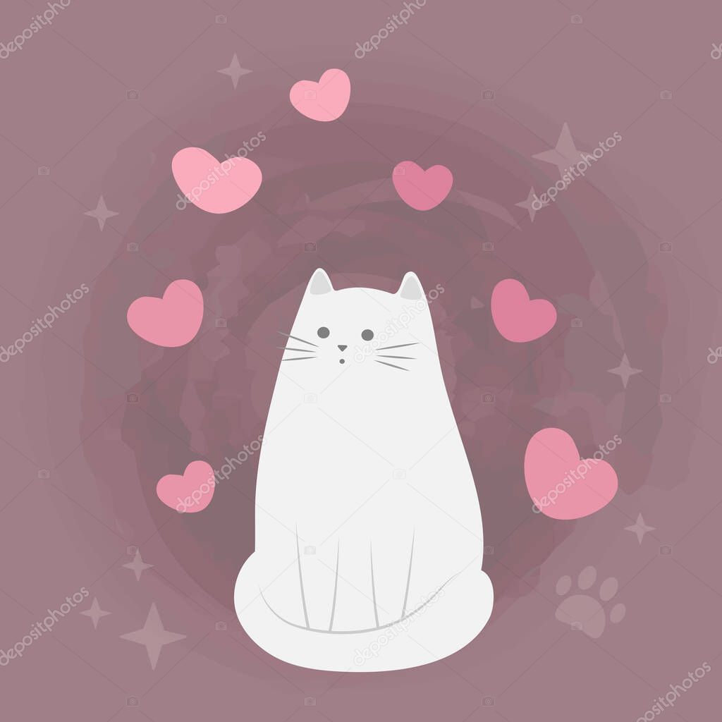 Cute cartoon white vector cat looking on hearts. Valentine's day card, save the date greeting card, love card. Background with paws and stars. 