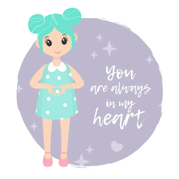 Cute Cartoon Girl Turquoise Hairs Dress Makes Heart Her Hands — Stock Vector