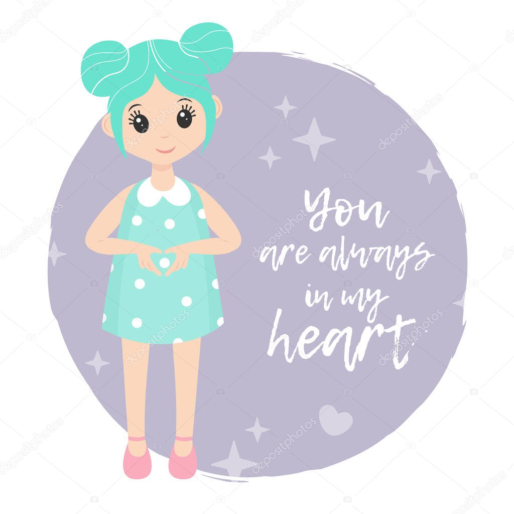 Cute cartoon girl with turquoise hairs and dress makes a heart with her hands. Valentine's day card, save the date greeting card. Vector illustration character design.With lettering