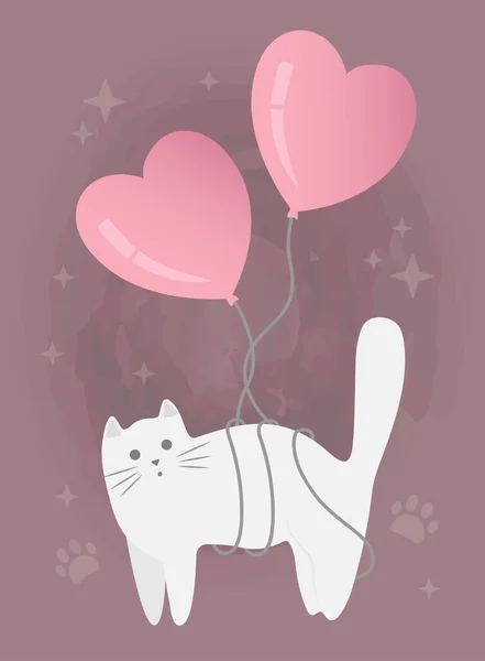 Nette Cartoon Weiße Vektorkatze Mit Ballons Form Von Herzen Valentinstag — Stockvektor