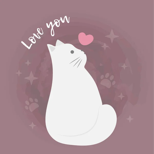 Leuke Cartoon Witte Vector Kat Met Hart Valentijnskaart Bewaar Datum — Stockvector