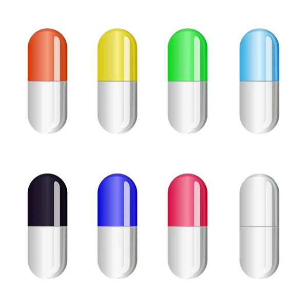 白い背景に単離された薬や薬のベクトルカラーカプセルのセット グラフィック バナーのデザインテンプレート 垂直位置 — ストックベクタ