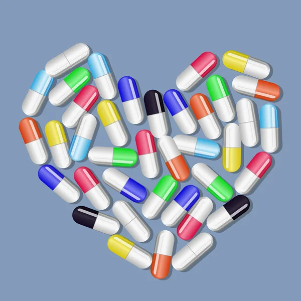 Pastillas Cápsulas Farmacéuticas Forma Corazón Sobre Fondo Azul Cuidado Salud — Vector de stock