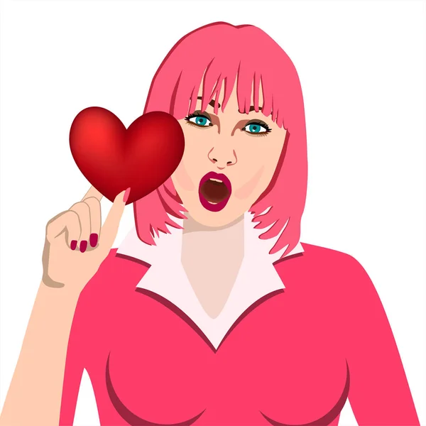 Dia Dos Namorados Menina Bonita Com Cabelo Rosa Batom Vermelho —  Vetores de Stock