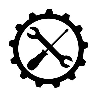 Siyah Bakım Sembolü - İngiliz anahtarı ve tornavida vites simgesinde beyaz arka planda izole edilmiş. Servis aracı simgesi.