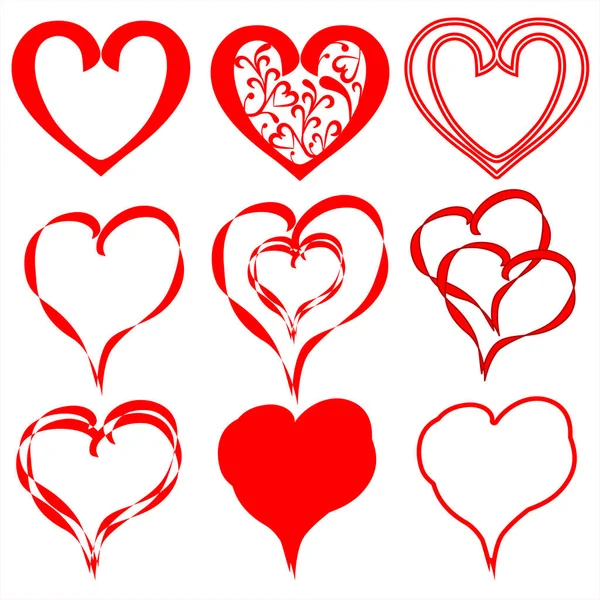 Set Heart Icon Outlined Red Drawn Love Icon Isolated White — 스톡 벡터