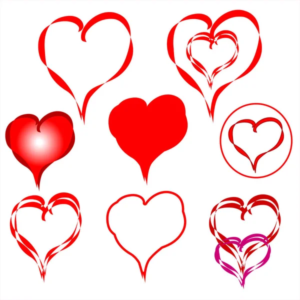 Set Heart Icon Outlined Red Drawn Love Icon Isolated White — 스톡 벡터