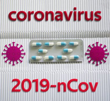 Mavi beyaz kapsüllü Coronavirus Ncov 'a mesaj at. Kabarcıklı tabletler. Çin 'den gelen yeni Wuhan Coronavirus hastalığı, zatürree virüsü koruma kavramı. Panzehir, hastalıkların tedavisi, virüs