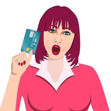 Beyaz arka planda kredi kartı olan heyecanlı genç bir kadın. Kadın parmakları bir kredi kartı tutuyor