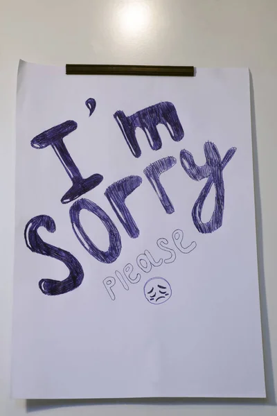 Χειρόγραφο Μήνυμα Συγγνώμη Συγχωρείτε Συγχωρέστε Σας Παρακαλώ Απομονωμένο Λευκό Φόντο — Φωτογραφία Αρχείου