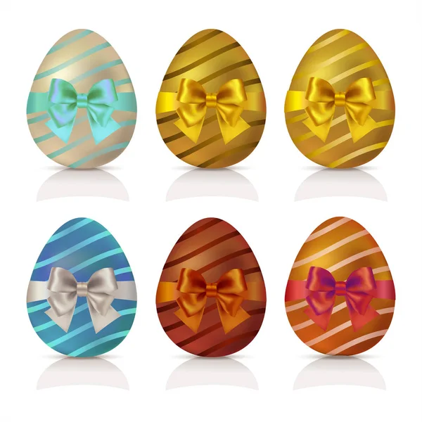 Kolekcja Wielkanocnych Złotych Jaj Kokardą Różne Wzory Paski — Zdjęcie stockowe