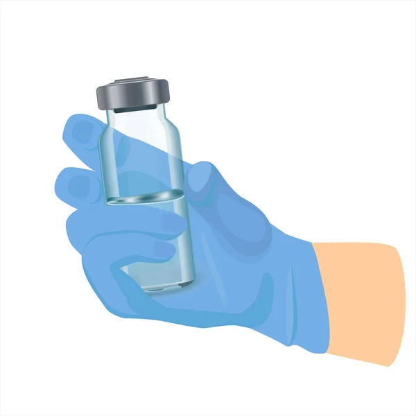 医生用药瓶注入蓝色手套 医用玻璃瓶注射疫苗 头孢病毒疫苗注射 在白色背景上孤立的向量图 — 图库矢量图片