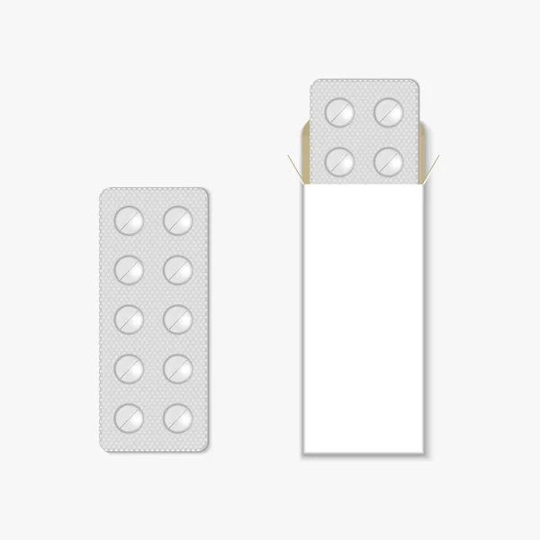 Paquet Blanc Avec Comprimés Plaquettes Thermoformées Médicaments Modèle Vectoriel Analgésiques — Image vectorielle