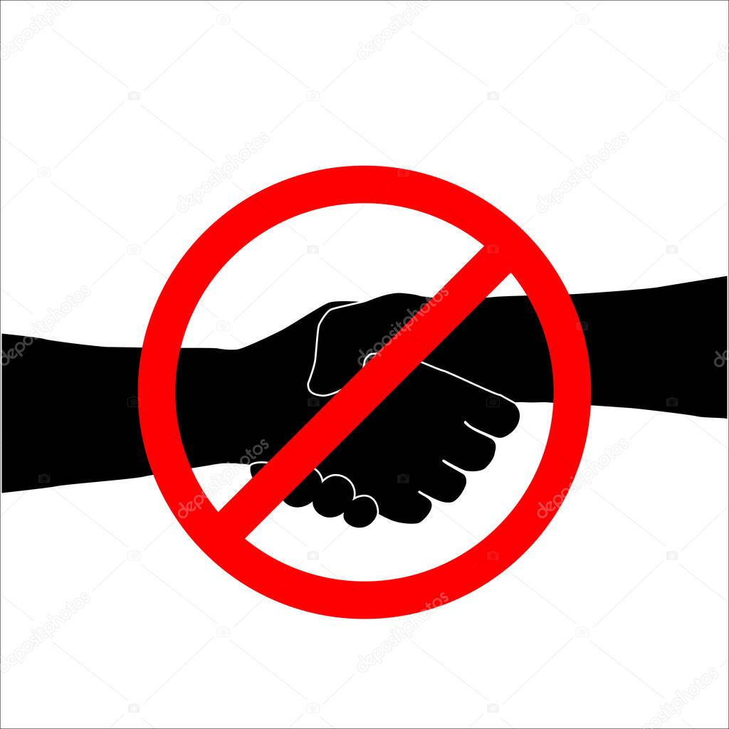 Handshake prohibition during coronavirus. Not allow handshake sign. Illustration of a prohibition sign no handshake in a red crossed circle on a white background