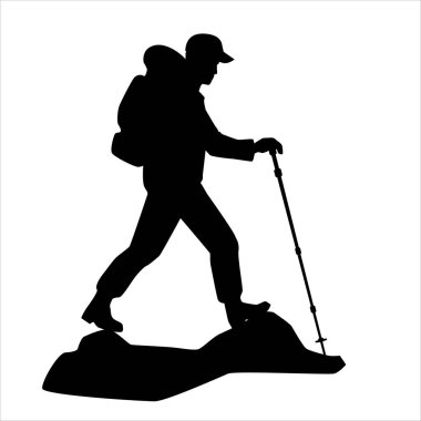  Şapkalı bir sırt çantası ve elinde yürüyüş sopasıyla gezen adam. Macera seyahati. Tatil için açık hava aktivitesi. Temiz havada yürümek için doğada geziyorum. Turizm logosu, yürüyüş kulübü amblemi.