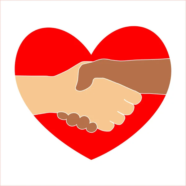 Рукопожатие Фоне Красного Сердца Символизирует Антирасизм Рукопожатие Между Черным Белым — стоковое фото