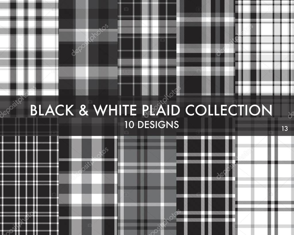 Black and White Plaid, tartan seamless pattern collection includes 10 designs suitable for fashion textiles and graphics