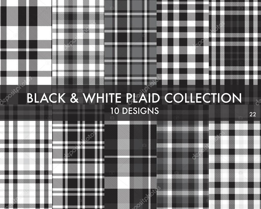 Black and White Plaid, tartan seamless pattern collection includes 10 designs suitable for fashion textiles and graphics