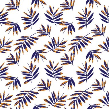 Moda baskıları, grafikler, arka planlar ve el sanatları için uygun turuncu tropikal yapraklı botanik desensiz arka plan