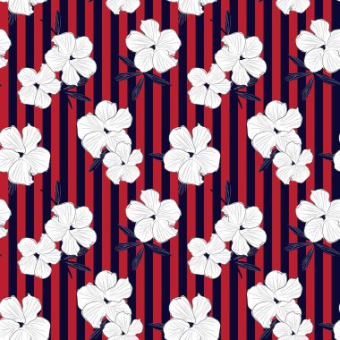 Moda baskıları, grafikler, arka planlar ve el sanatları için uygun çizgili arka plana sahip kırmızı ve mavi bitkisel desen