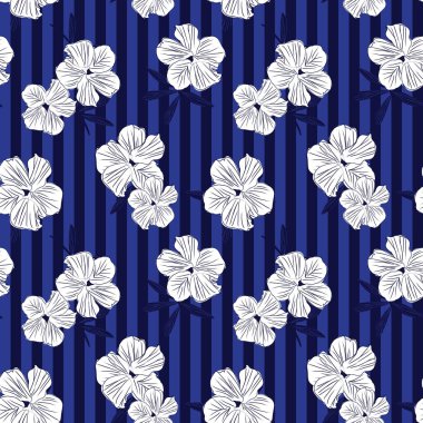 Moda baskıları, grafikler, arka planlar ve el sanatları için çizgili arka planı olan mavi bitkisel desenler.