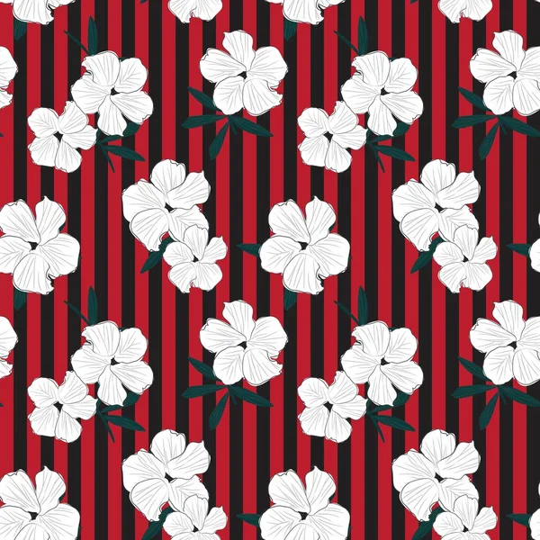 ファッションプリント グラフィック 背景や工芸品のための縞模様の背景を持つ赤い熱帯植物シームレスなパターン — ストックベクタ
