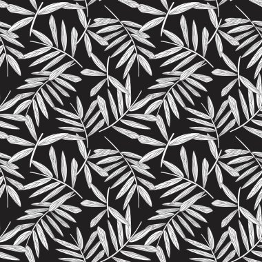 Siyah ve Beyaz Tropikal Yaprak botanik desensiz arka plan moda baskıları, grafikler, arka planlar ve el sanatları için uygun