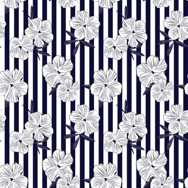 Moda baskıları, grafikler, arka planlar ve el sanatları için çizgili arka planı olan mavi bitkisel desenler.